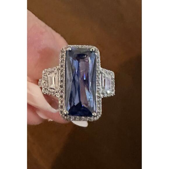 JTV-Blue & White Cubic Zirconia Rhodium Over Sterling Silver Center Design Ring - Picture 1 of 8